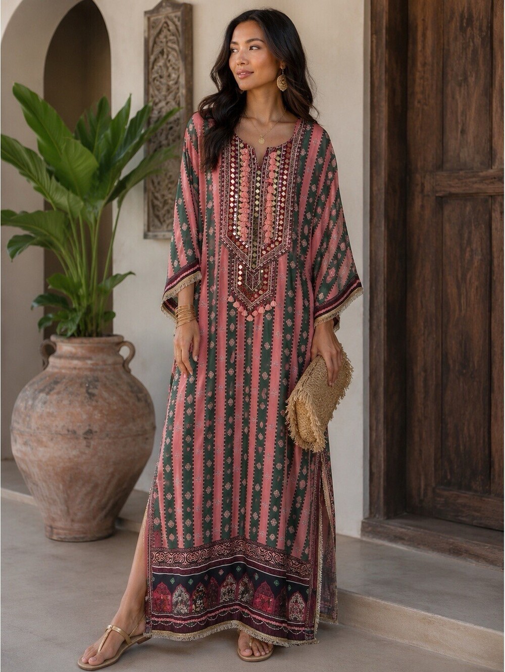 Diya Women’s Indian Pink And Green Real Mirror Handwork Kaftan Size 46